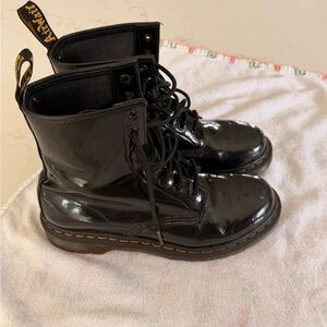 Dr. Martens Black Patent Lace-Up 8-Eye Boots with Yellow Stitching